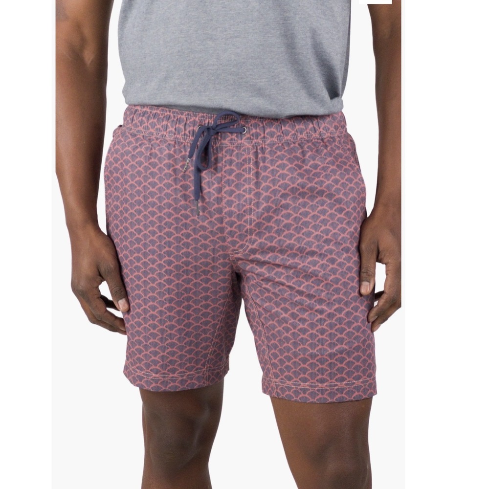 Tailor Vintage Mens Hybrid Swim Shorts Pink Navy Scallop Fan Print Small 1796363
